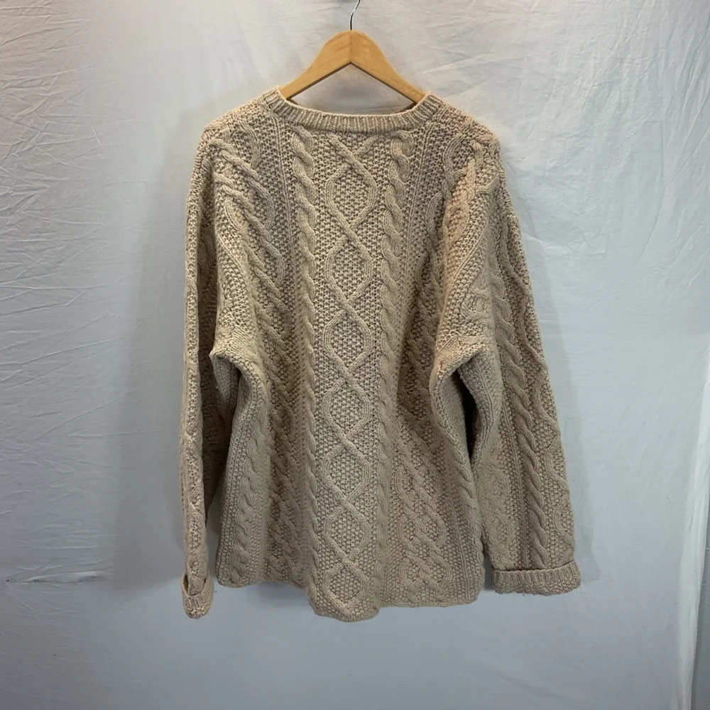 VTG J Crew Wool Chunky Hand Knit Cable Sweater Fisherman Heavyweight Mens L Tall - Picture 2 of 8